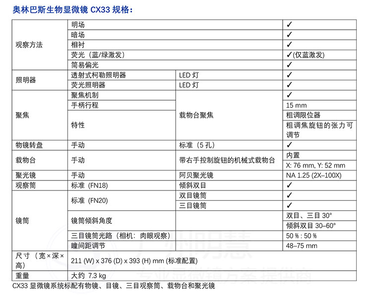 奧林巴斯生物顯微鏡CX33規(guī)格參數(shù)-廣州市明慧科技有限公司